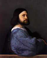 Портрет мужчины в платье с синими рукавами